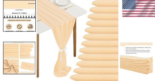 Romantic 27x120 Inch Champagne Chiffon Table Runners – 12 Pieces for Chic Events - Picture 2 of 9