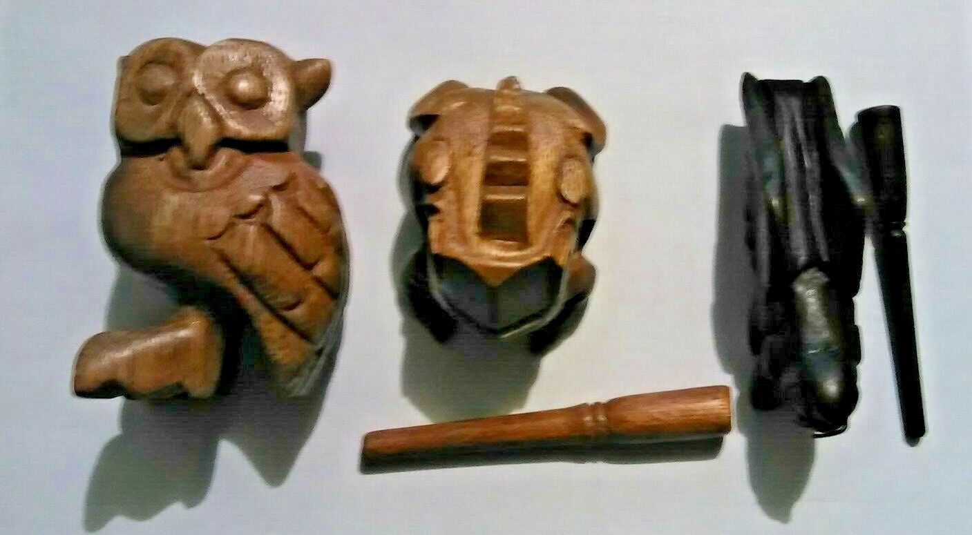 Wooden Percussion 3 Piece Set Light Brown Frog, Brown Cricket and all Brown Owl