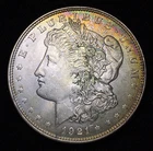 1921-P TONED MORGAN SILVER DOLLAR. AU+ UNC! NICE DUAL SIDED RIM RAINBOW TONED!