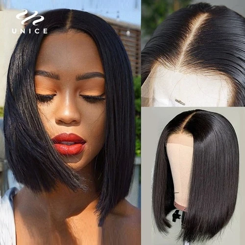 13*4 Lace Front Human Hair Short Straight Blunt Cut Bob Deep Part Brazilian  Wig