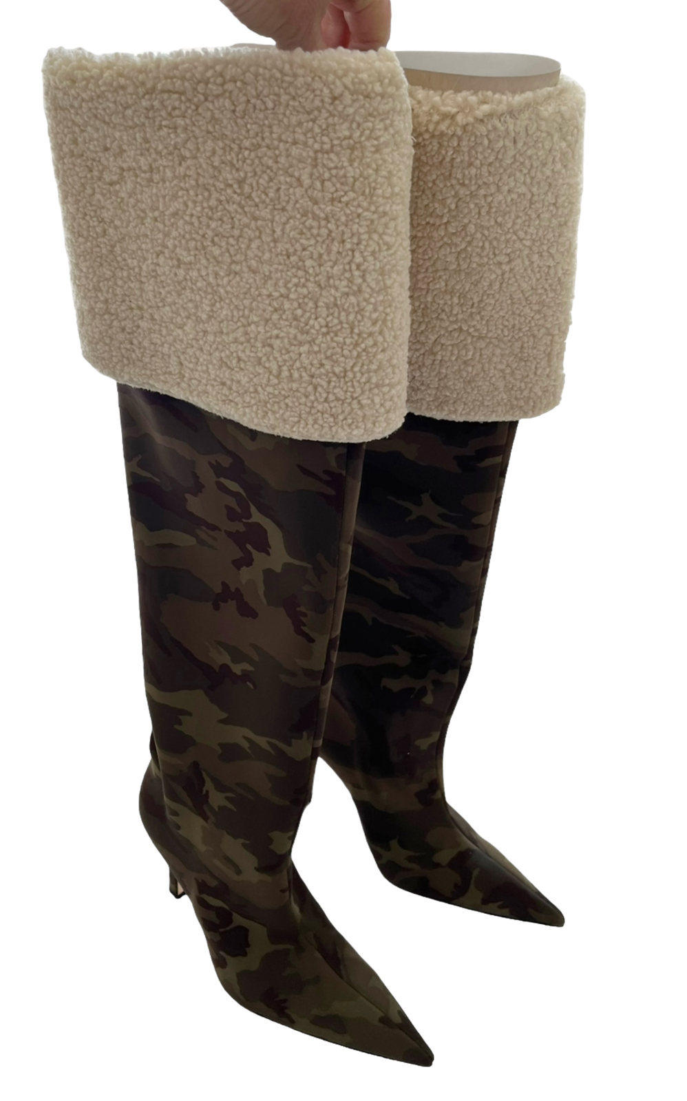 Good American Women Sz 7.5 Camouflage Sherpa Calf Thigh High Boots Sold Out NIB