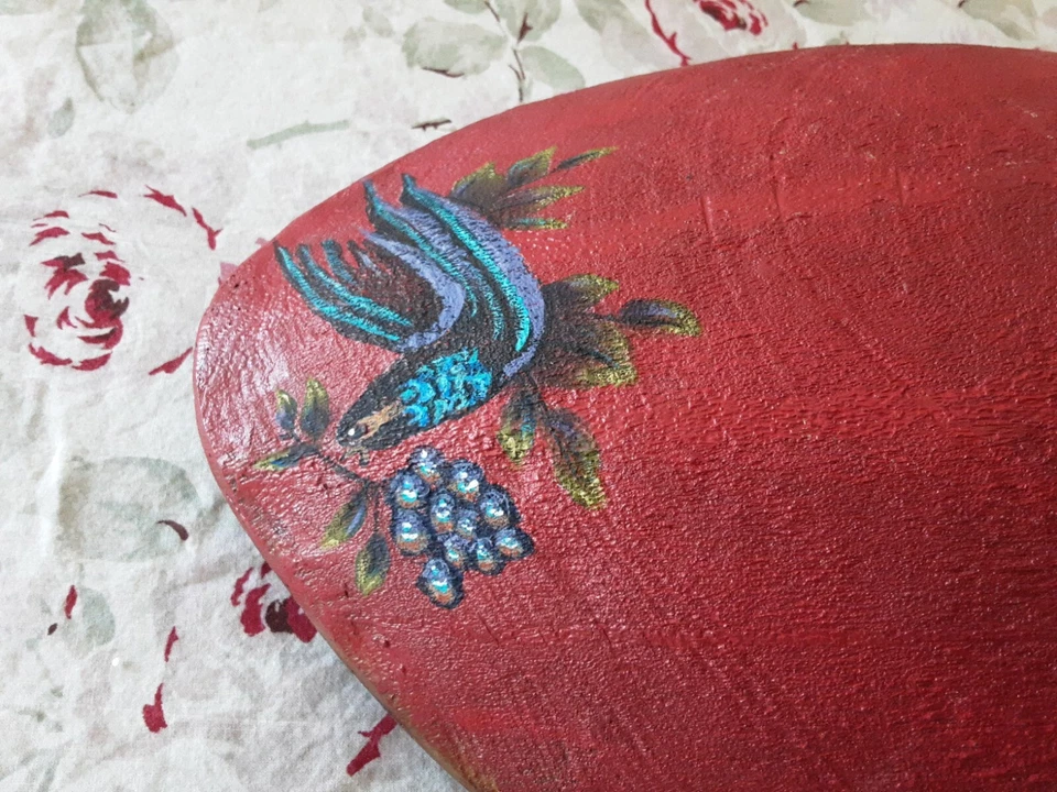 Carved Wooden Hand Painted Bowl Rustic Design Oval Folk Art Harvest 16" Red - Image 4 of 4