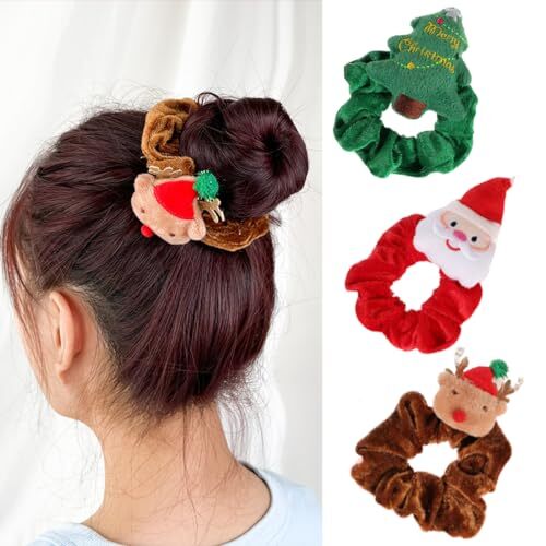 3PCS Christmas Hair Scrunchies Silk Christmas Christmas tree Santa Claus Elk - Picture 2 of 7