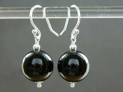 Large 14mm Black Onyx Gemstones & Silver Drop Elegant Handmade Earrings - Picture 10 of 13