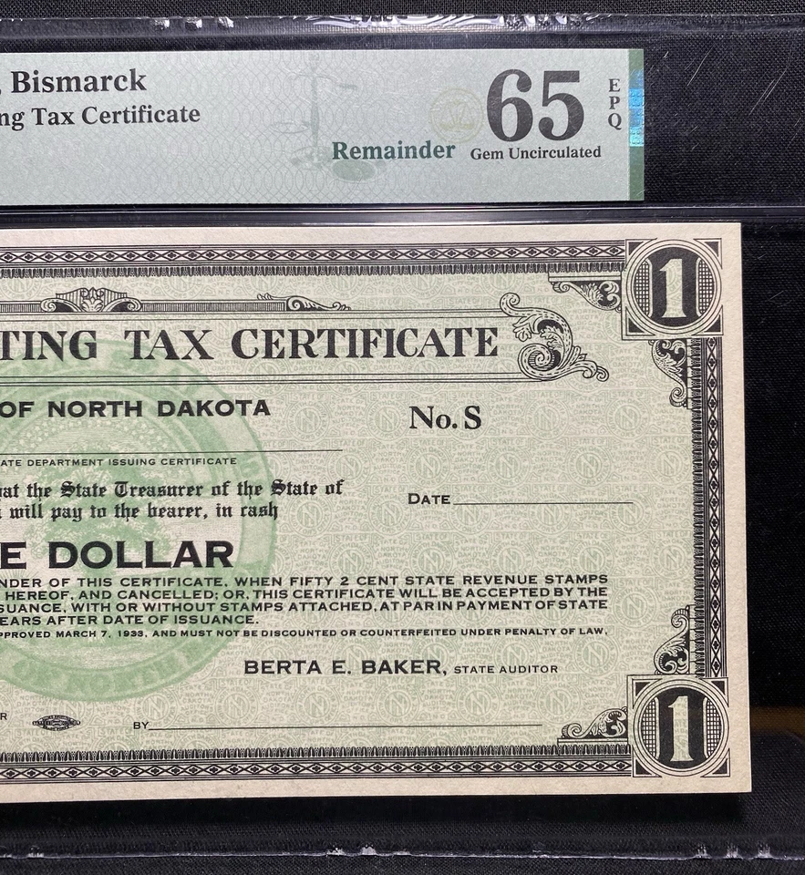 1933 NORTH DAKOTA Bismarck, Depression-Era Self Liquidating Tax Certificate, PMG - Image 4 of 4