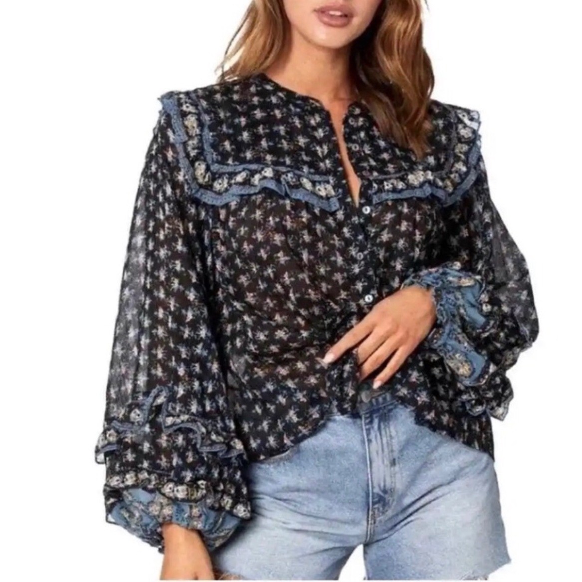 Free People Jenna Floral Ruffle Blouse XS Boho Cottagecore Peasant Shirt Western