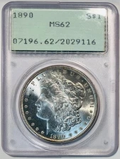 1890 MS62 PCGS RATTLER MORGAN SILVER DOLLAR $1 BLAST WHITE