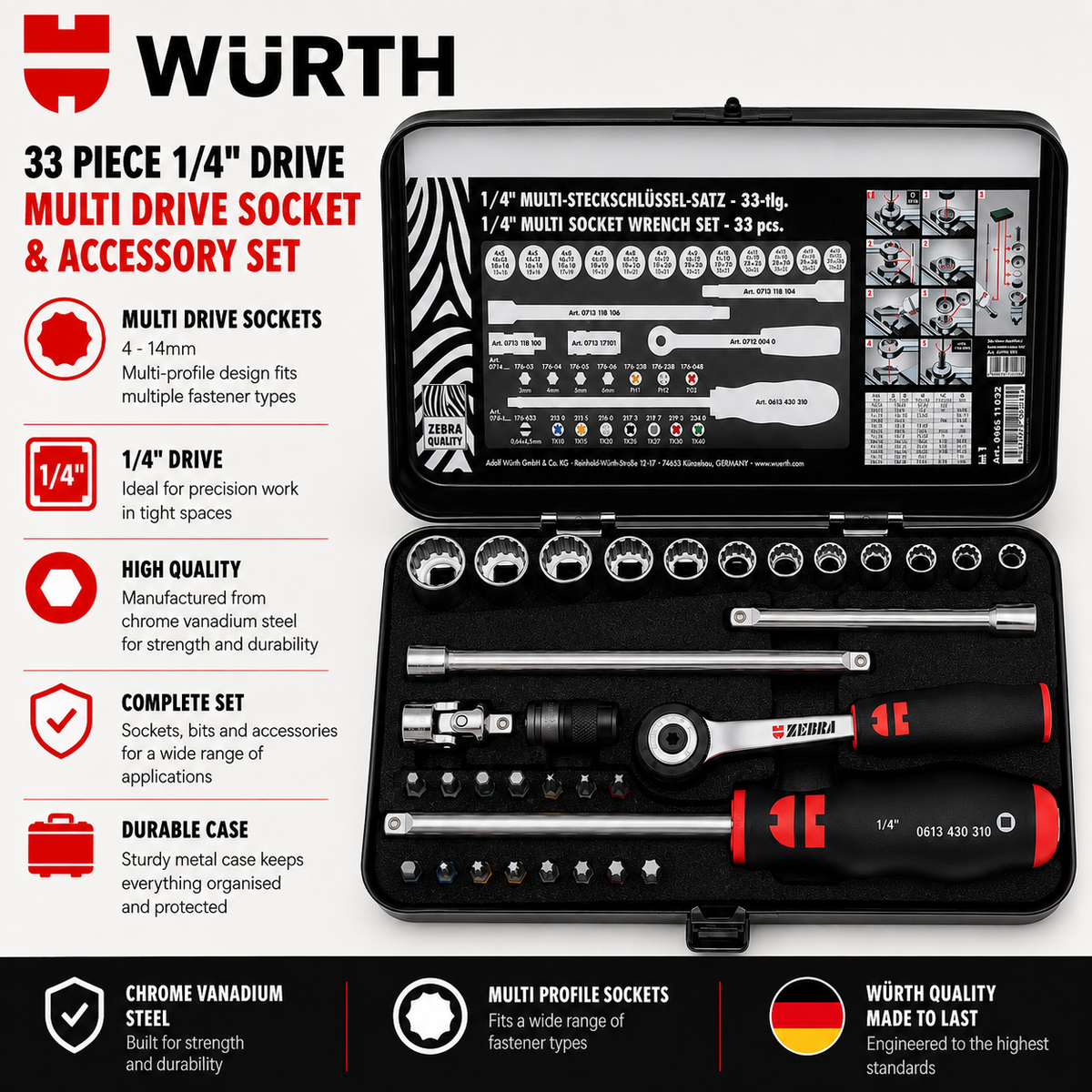 Würth® 33 Piece 1/4 in Drive Multi Drive Socket Set 4 - 14mm