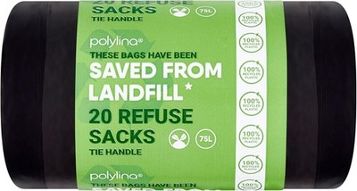 Müllbeutel, 75 Liter, 20 schwarze Müllbeutel mit Bindegriff Müllsäcke, 100% recycelt