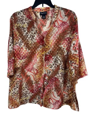 Maggie Barnes 2x Sheer Lightweight Pink Tan Animal Print Button Up Tunic Top