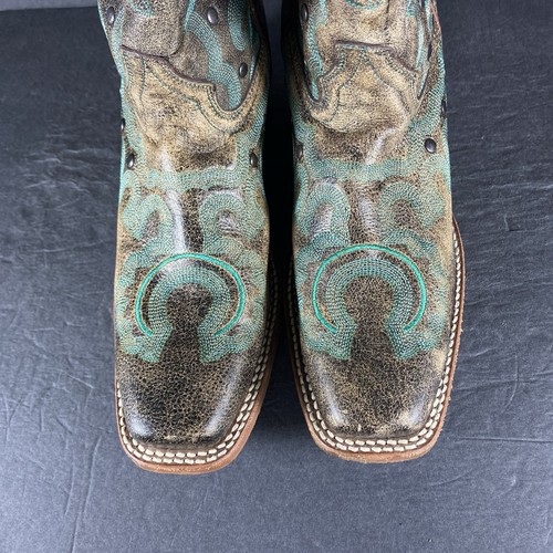 Justin Stampede Western Cowboy eckige Zehenpartie braun türkis Blumenmuster Damen - Größe 9,5 B - Bild 4 von 9