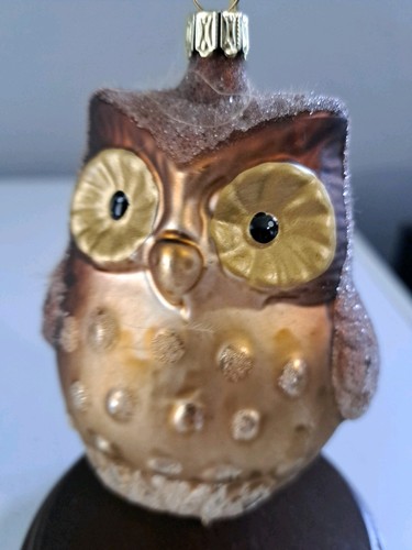 Owl Brown Glitter Glass Christmas Ornament Germany NEW with Tags - Picture 3 of 4