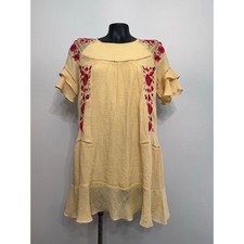 Umgee Dress Sz S Yellow/ Red Embroidered Floral Ruffle Sleeve Hem Lined Boho 