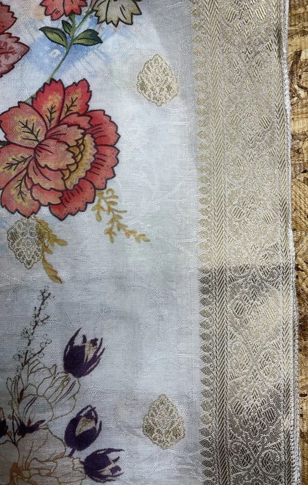 Цветочная шелковая смесь с золотой парчовой отделкой одеяло, шарф, покрывало - Изображение 3 из 4
