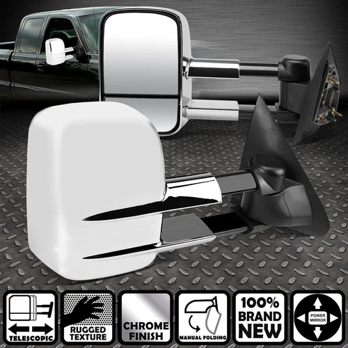 FOR 97-04 F150/-99 F250 LD DUAL ARM CHROME POWER REAR VIEW TOWING MIRROR PAIR