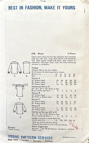 VOGUE 6706 1960's Ladies’ Blouse Sewing Pattern. Size 14 - Bust 34”. - Picture 2 of 2