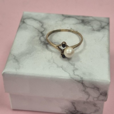 Vintage Cultured Pearl Blue Sapphire Yellow 9ct Gold Branch Bypass Ring Uk O