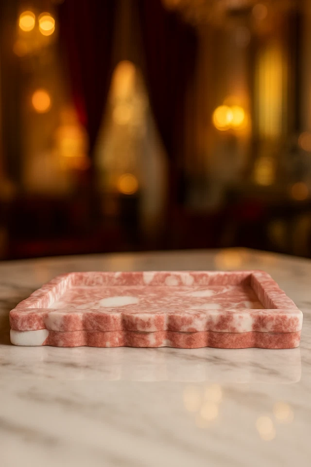 Роскошный мраморный поднос с розовым и белым камнем с зубчатым краем, 12x8"" - Изображение 2 из 4