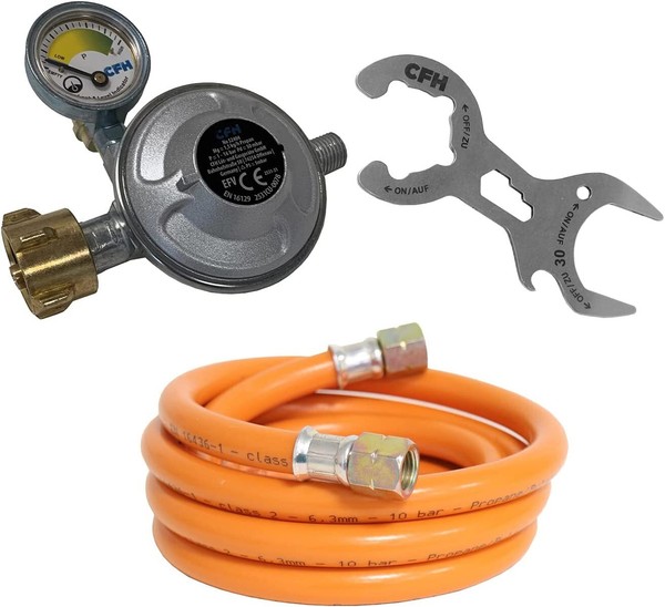 "Cfh Druckregler Set Manometer 50Mbar 80Cm Gasschlauch 1/4\" FlaschenschlüSsel"-image