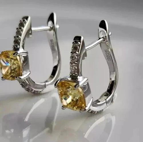2Ct Cushion Cut Lab Created Citrine Huggie Hoop earrings 14K White Gold Plated - Picture 2 of 7