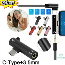 Image of USB Type C to 3.5mm Aux Audio Cable Cord Adapter UK Charger and Headphone 2 in 1