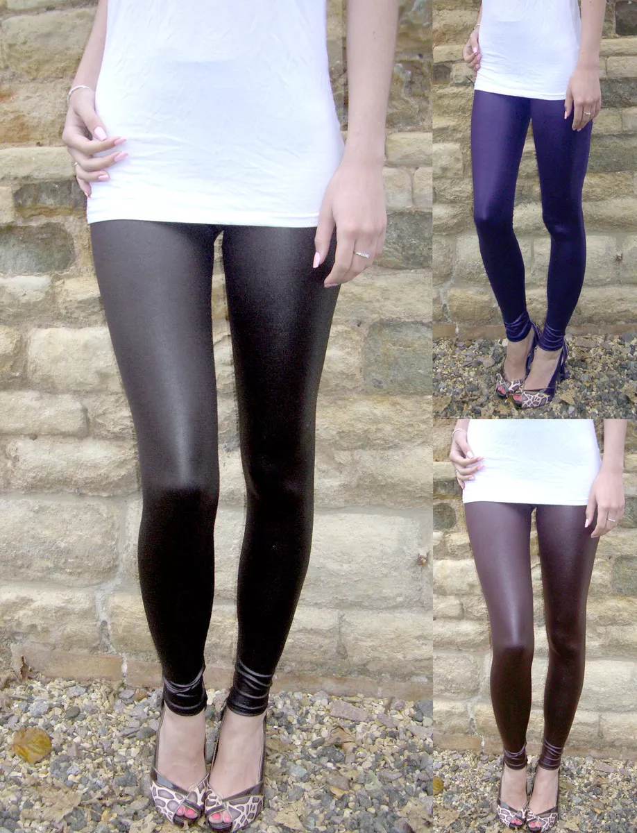 LONG LENGTH WET LOOK New Shiny Black Leggings Pants SIZE 6 8 10 12 14 16 18  Tall