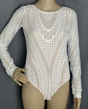NEW BCBGMAXAZRIA Lace Bodysuit Top White XS Sheer Backless Long Sleeve  118