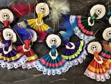 SET (4) CORN HUSK Day of the Dead Catrina Ornaments, Mexican Christmas Ornaments