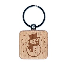 Winter Snowman Engraved Wood Square Keychain Tag Charm