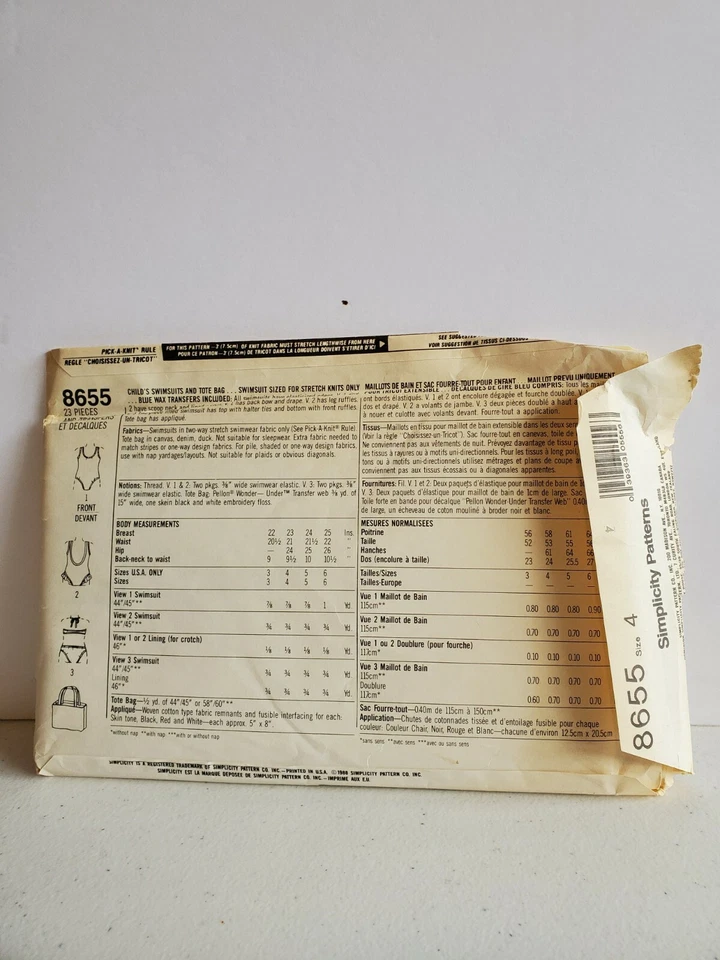 Vintage Simplicity PATTERN 8655 1984 Childs Swimsuits, Size 4 FF Disney Babies  - Image 2 of 3