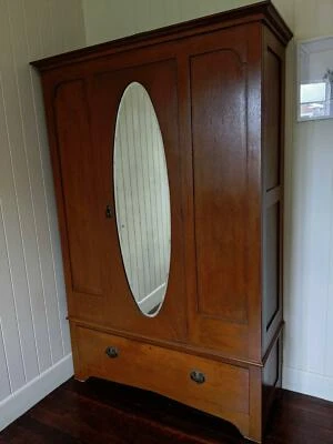 Vintage Antique Solid Wood Silky Oak Wardrobe W Drawer And Mirror