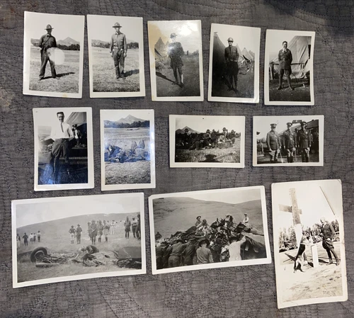 WWI World War 1 12 Photographs Camp Shooting 1917 Browning MG, Plane Crash