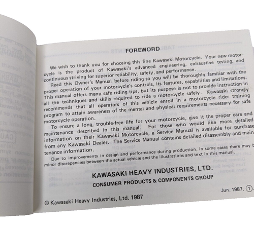 Vintage "87" Vulcan 750 OEM Kawasaki Motorcycle Owners Manual (120 Page) - Picture 3 of 5