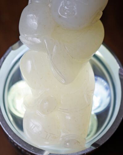 Chinesischer weißer Jadeit Jade geformter Amulett Anhänger glücklicher Mann mit doppeltem Kürbis - Bild 17 von 22