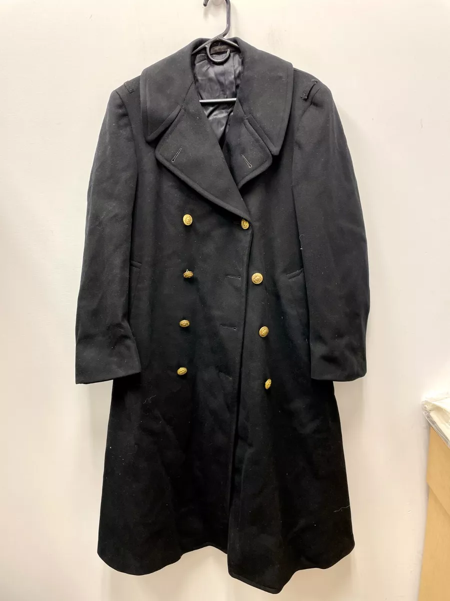Vintage WWII Style Gold Button USN Navy Black Pea Coat Long Size Medium
