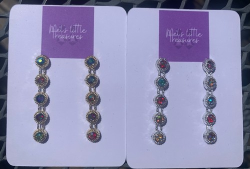 FIVE MULTI COLOURED JEWELLED STUD DROP EARRINGS PLASTIC GOLD OR SILVER COLOURED - Picture 2 of 5