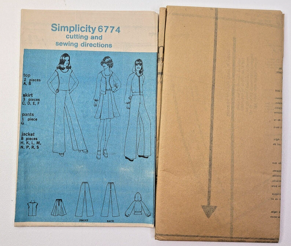 70s Simplicity Sew Pattern 6774 Misses Hooded Jacket-Top-Pants-Skirt Sz ...