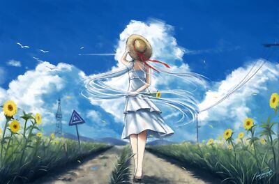 Anime road sky girls sun dress hat women outdoors Playmat Gaming Mat Desk