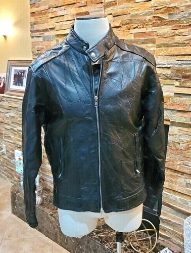 Mens Black Leather Moto Biker Jacket US 