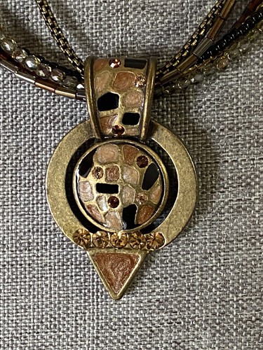 VTG CHICO’S STATEMENT DECO PENDANT NECKLACE SEED BEAD CRYSTALS ANTIQUED GOLDTONE