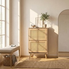 Manila Oak & Rattan 2 Door Flip Down Shoe Storage Cabinet Rack Hallway Furniture