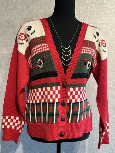 Koret SZ M Women’s Red Christmas/Holiday Embroidered Cardigan Sweater - Picture 1 of 7