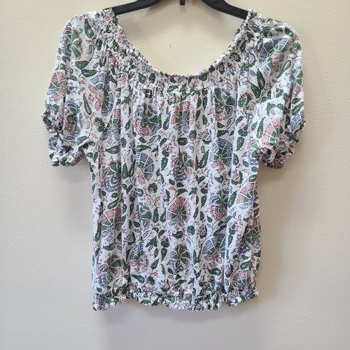 Lucky Brand Womens M Top Boho Pullover Button Front Short Sleeve Elastic Waist - Picture 8 of 16