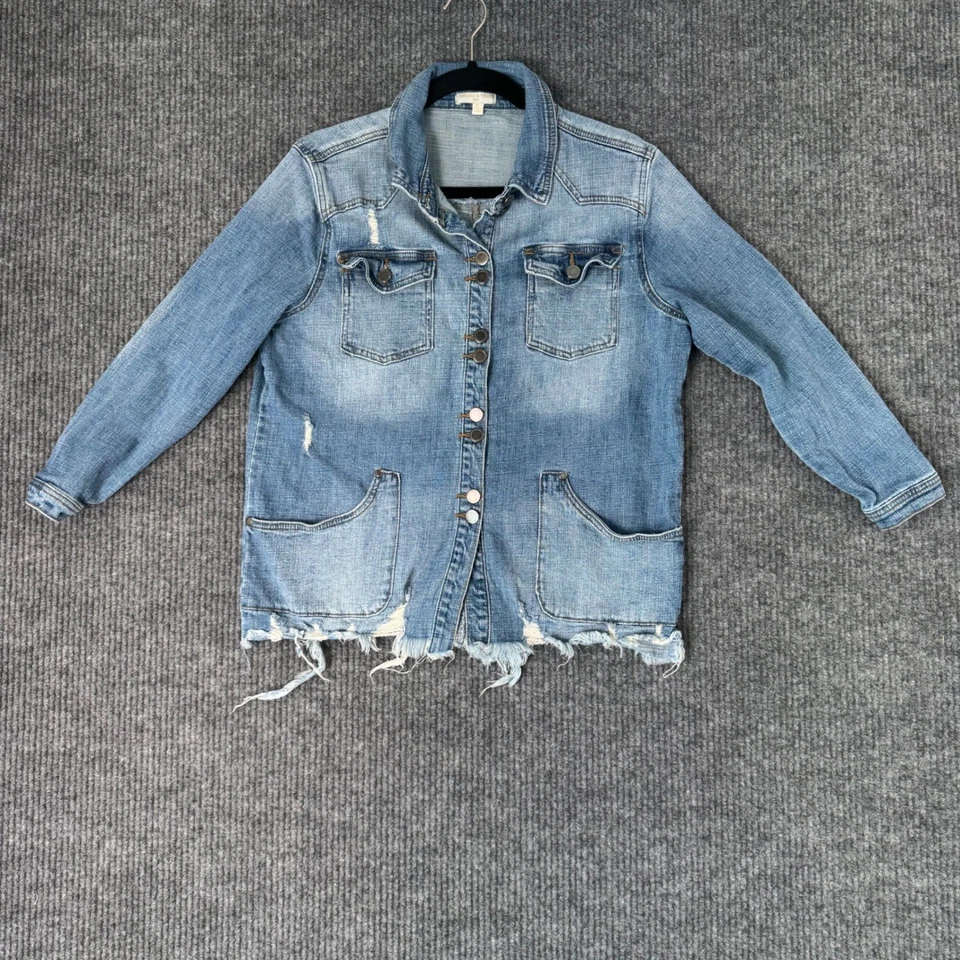 Jaqueta jeans Chelsea violeta meninas XL azul botão desgastado frontal Y2K grunge - Imagem 2 de 4