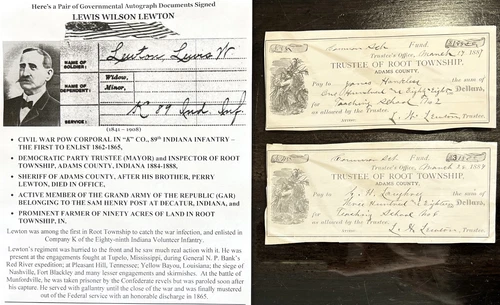 CIVIL WAR POW 89th INFANTRY SHERIFF MAYOR ROOT ADAMS Co LEWTON DOCUMENT SIGNED