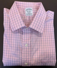 Brooks Brothers Regent Dress Shirt Mens 17 - 37 Pink Check Supima/Spand Non-Iron