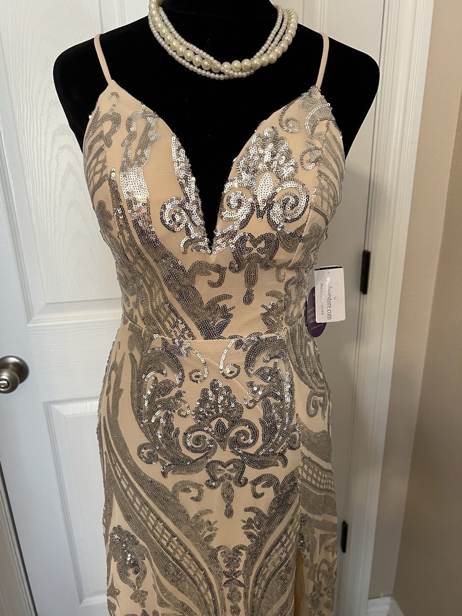 silver prom dress windsor Windsor Silver and Beige Maxi Prom Dress Size Small Elegant Prom Dress