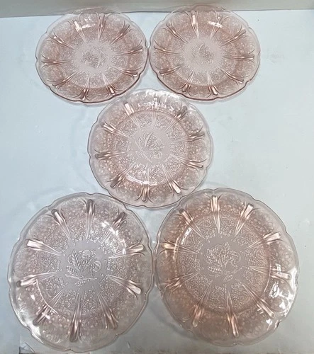 Vintage Jeannette Pink Cherry Blossom Depression Glass 7” Lunch Plates Set Of 5