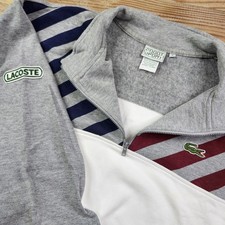 LACOSTE Sport 1/4 Zip Sweatshirt Mens 6 White Gray Color Block Striped Mock Neck