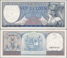 1963 REPUBLIC of SURINAME Former DUTCH GUIANA Crisp UNCIRCULATED  5 Gulden  NOTE